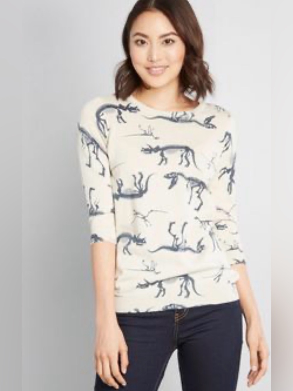 Lrg ModCloth 3/4 Sleeve Cream & Grey/Bluish Dinosaur Sweater